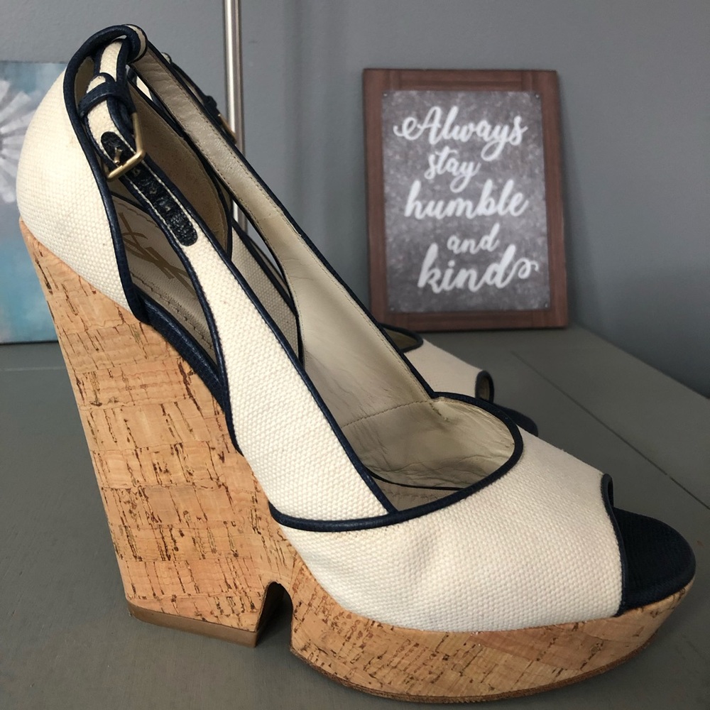 YSL Yves Saint Laurent Peep Toe Cork Wedge Heel
